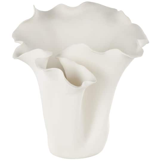 10.5" White Ceramic Abstract Floral Vase with Wavy Folded Rim